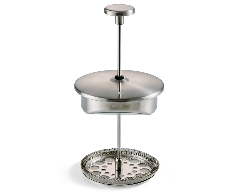 Szczegół zaparzacza tłokowego 900 ml, dwuściankowego, ze stali nierdzewnej.