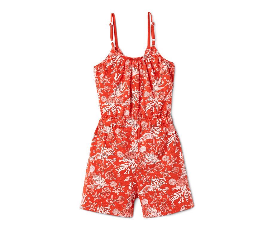 Czerwony kombinezon z białym wzorem muszelek i rozgwiazd.