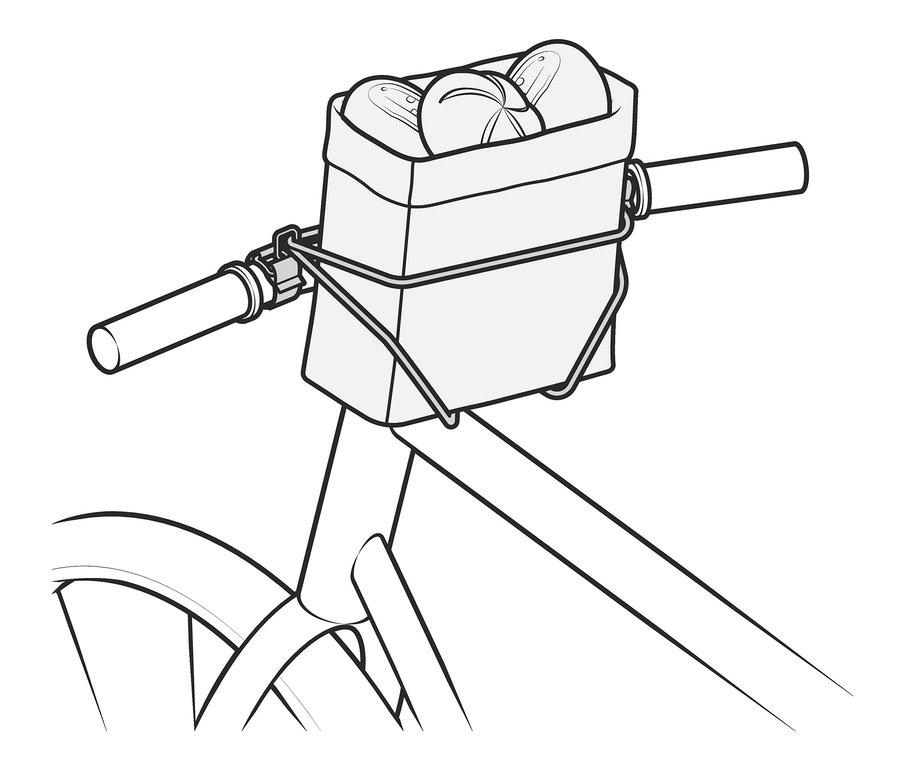 Kosz z bagietkami przymocowany do kierownicy za pomocą taśmy elastycznej.