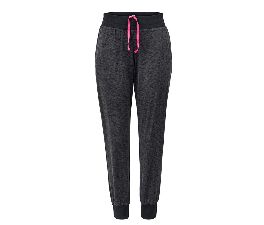 Spodnie treningowe w kolorze antracytowym ze sznurkiem w kolorze różowym.