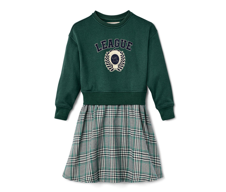 Zielona sukienka dresowa z dołem z tkaniny w kratę.