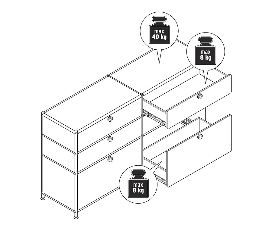 Rysunek metalowej komody »CN3« z 6 szufladami, z których dwie są otwarte.