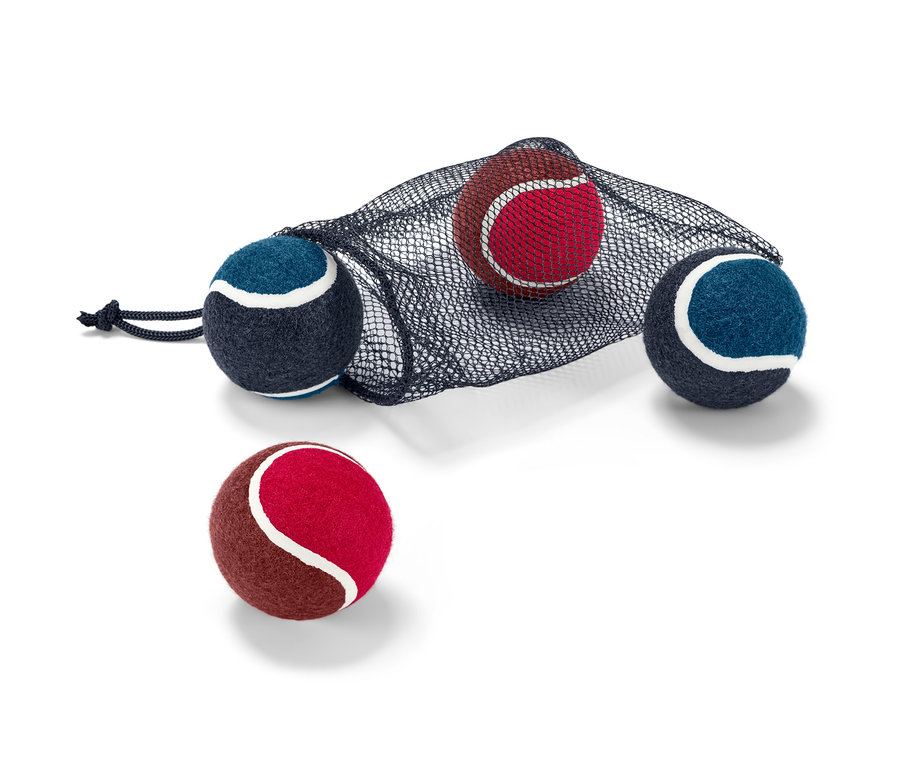 Cztery piłki dla psów częściowo w czarnej siatkowej torbie.