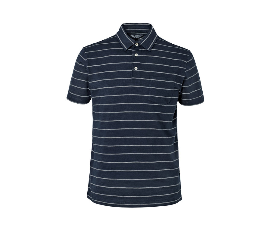 Granatowa koszulka polo z dżerseju w poziome paski z krótkim rękawem.