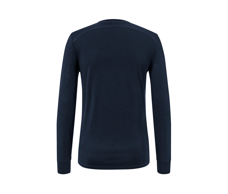 Granatowa koszulka z długim rękawem z wełną z certyfikatem RWS, widok z tyłu.