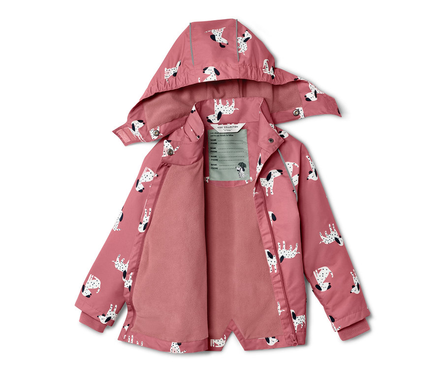 Otwarta przeciwdeszczowa termoaktywna kurtka dziecięca z nadrukiem psów.