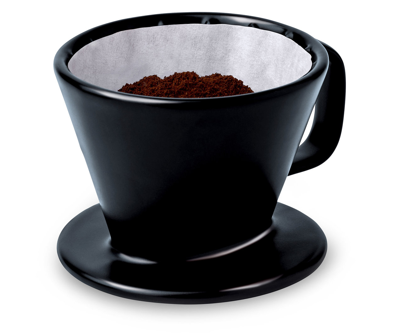 Czarny ręczny filtr do kawy, rozm. 101, wypełniony kawą.