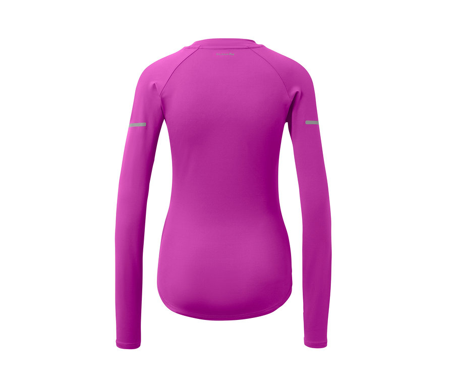 Szczegółowy widok z tyłu neonowo malinowej koszulki funkcyjnej z długim rękawem.