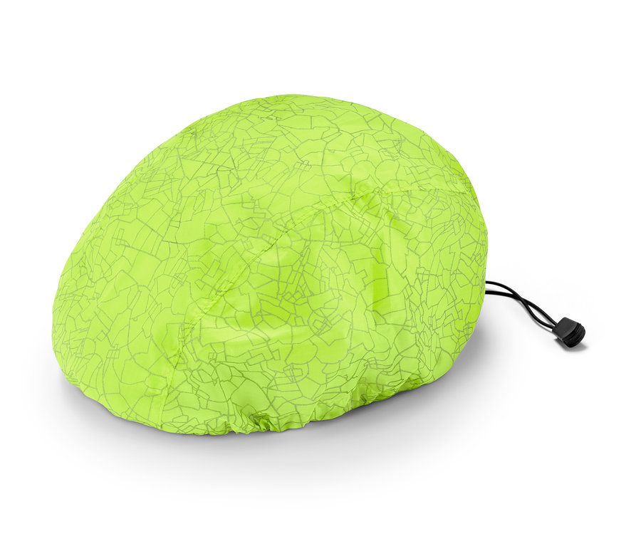Neonowo zielony pokrowiec na kask rowerowy z szarym geometrycznym wzorem i sznurkiem.
