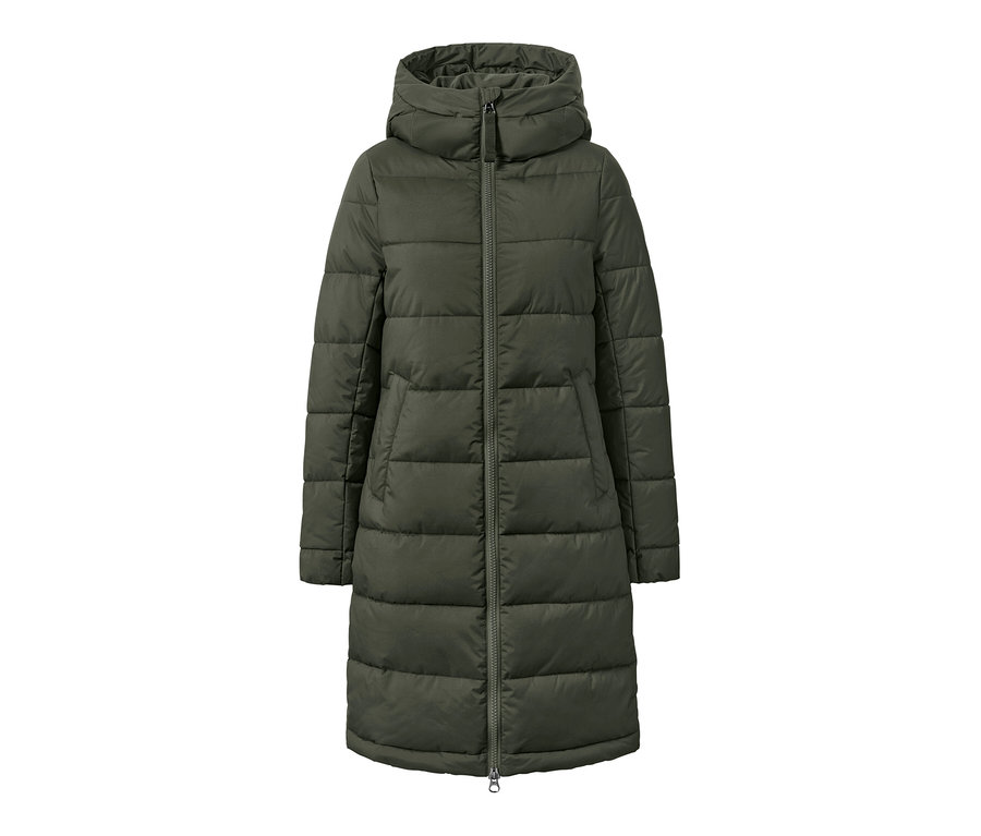 Pikowany płaszcz khaki z kapturem i zamkiem błyskawicznym.