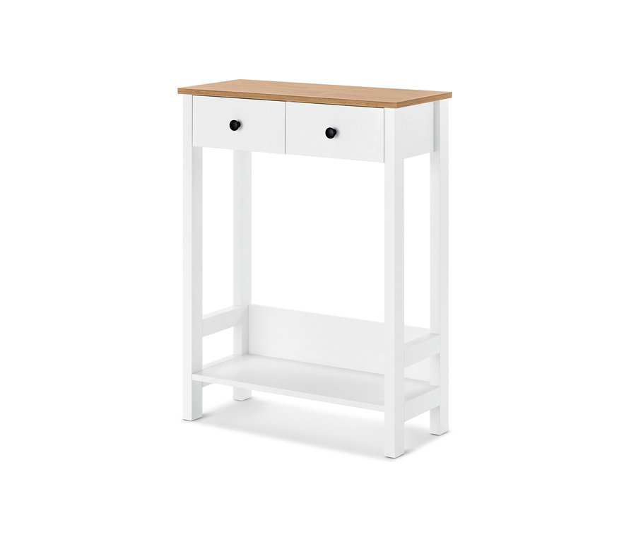 Konsola z dwiema szufladami z drewnianym blatem i białą ramą.