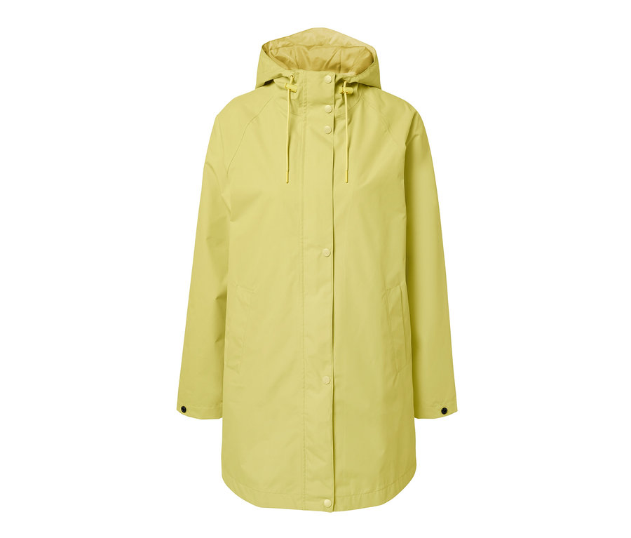 Żółta kurtka przeciwdeszczowa z kapturem.