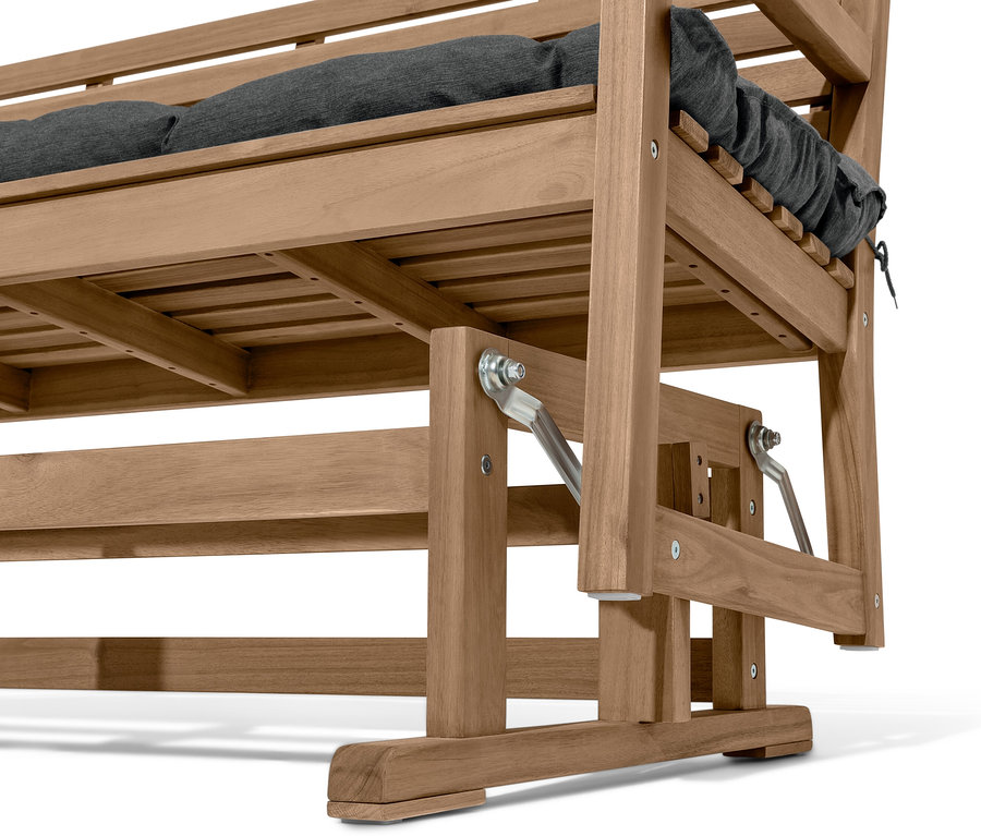 Szczegół ławki huśtawki z szarą poduszką.