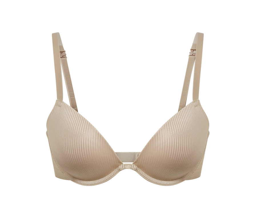 Beżowy uniwersalny biustonosz push-up z pionowymi paskami.