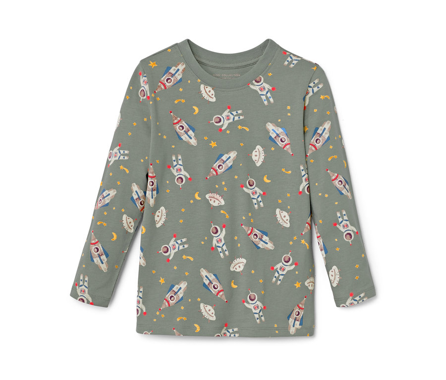 Zielona koszulka z długim rękawem z motywem kosmosu.
