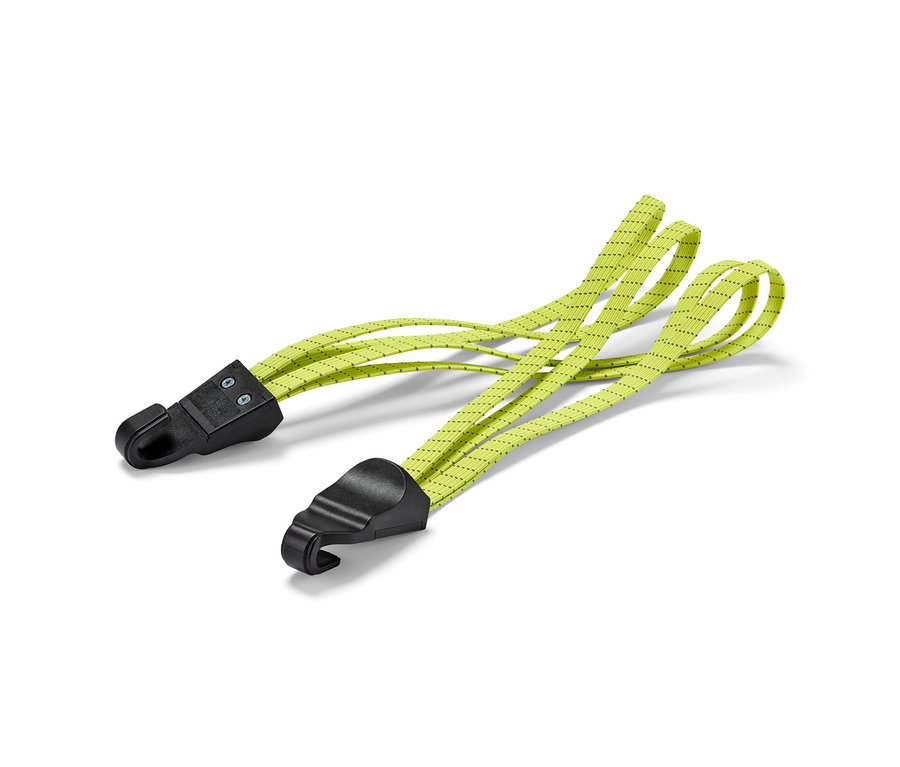 Dwa żółte paski mocujące do roweru z czarnymi haczykami na końcach.