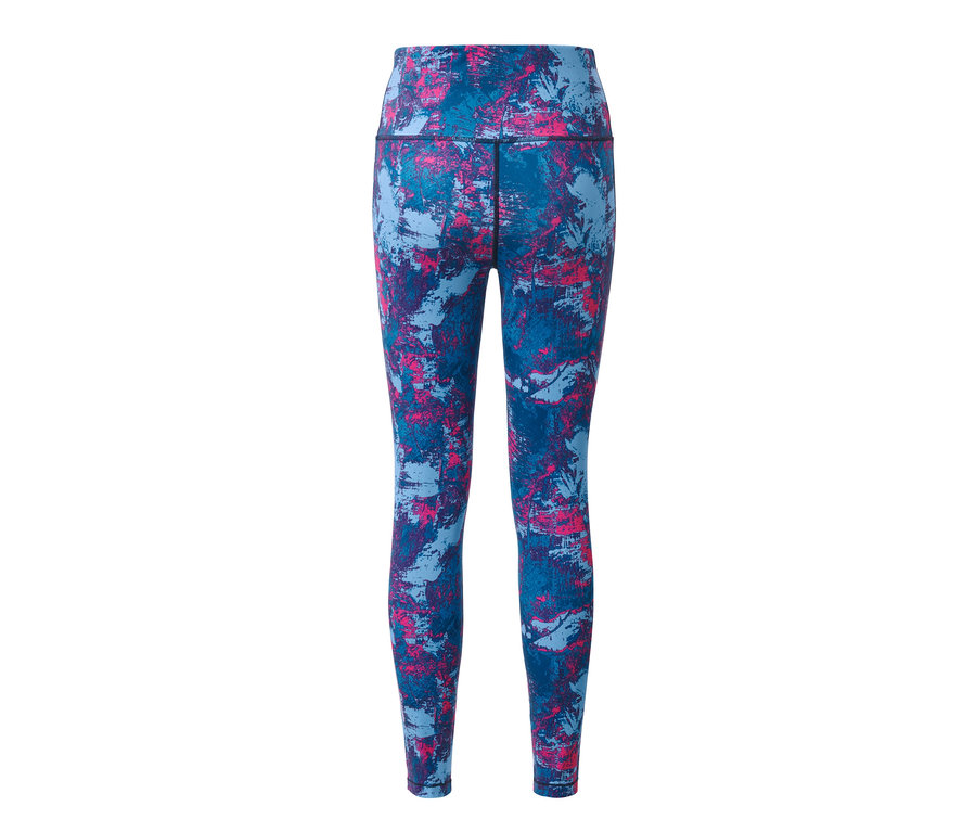 Różowo-niebieskie legginsy sportowe.