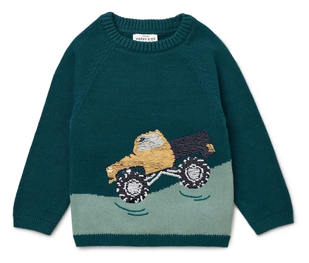 Zielony sweter z żółtym motywem monster trucka.