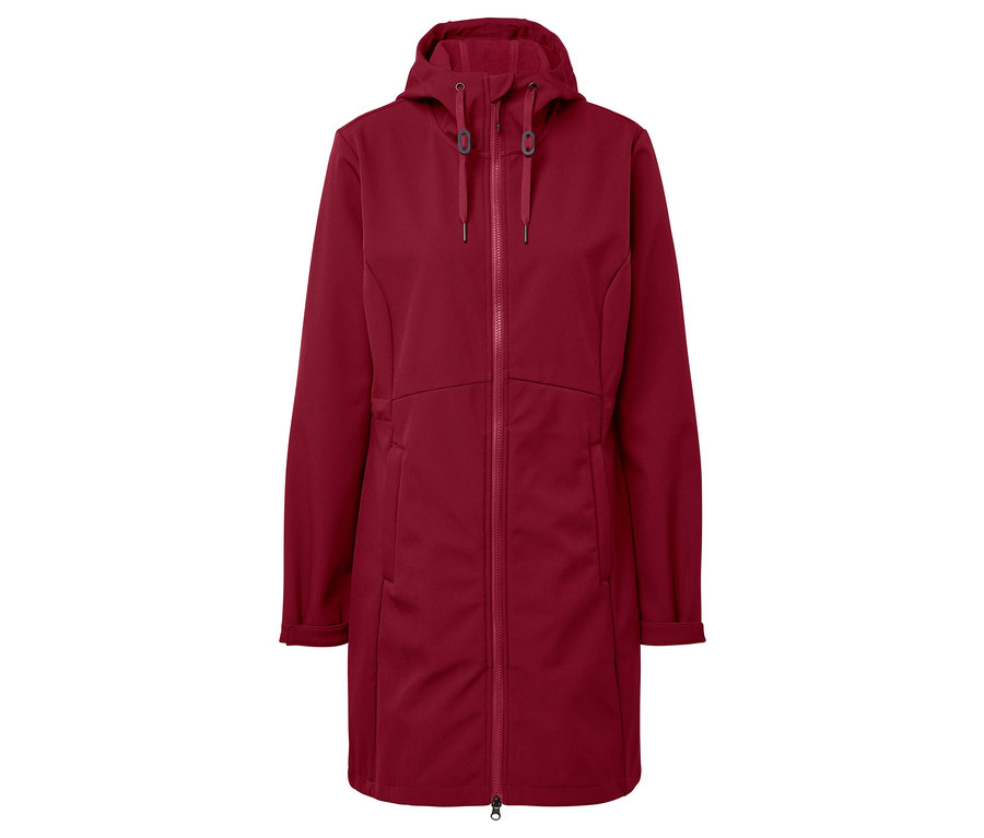 Burgundowa kurtka z kapturem i zamkiem błyskawicznym.