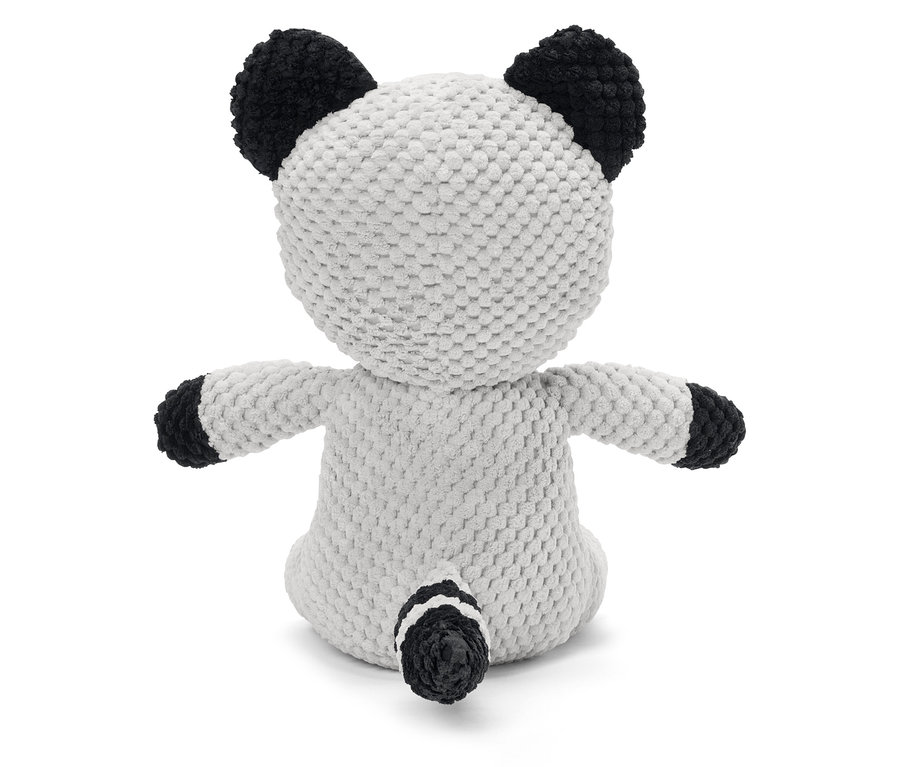 Tył pluszowej pandy z czarnymi uszami, rękami i ogonem na białym tle.