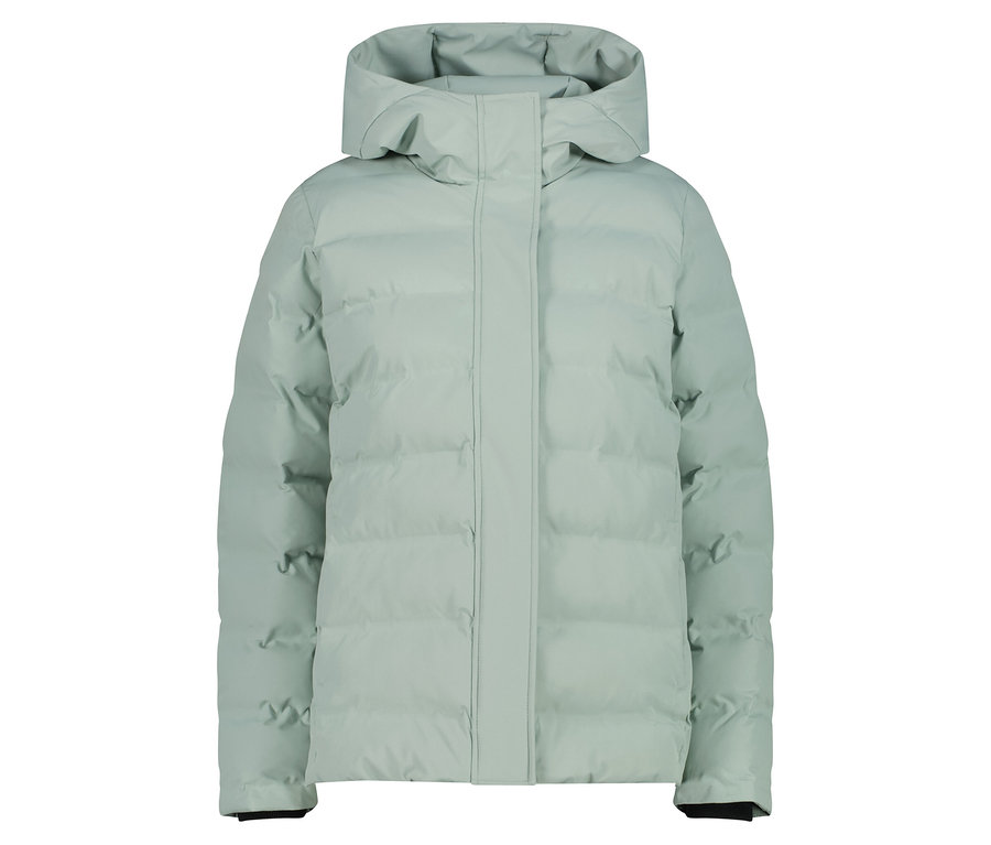 Jasnozielona kurtka puchowa z kapturem.