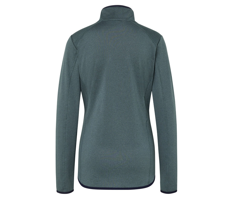 Widok z tyłu zielonej bluzy polarowej zapinanej na całej długości na zamek błyskawiczny.