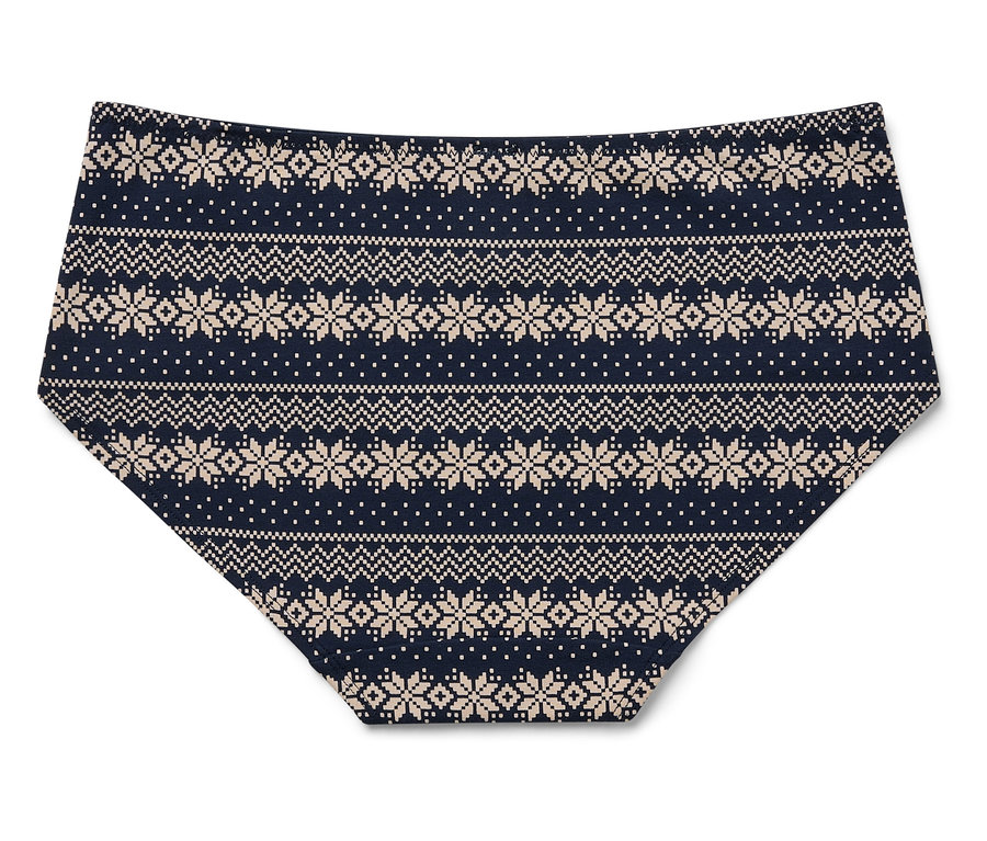 Damskie majtki z świątecznym wzorem na ciemnoniebieskim tle.