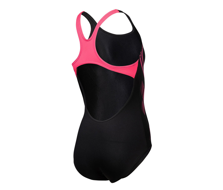 Czarny dziecięcy kostium kąpielowy arena Performance Poseidonia Swim Pro Back z różowymi detalami.