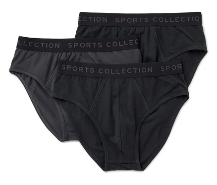 Trzy pary męskich slipów, jedne szare i dwie czarne, leżą na sobie. W pasie widnieje napis SPORTS COLLECTION.