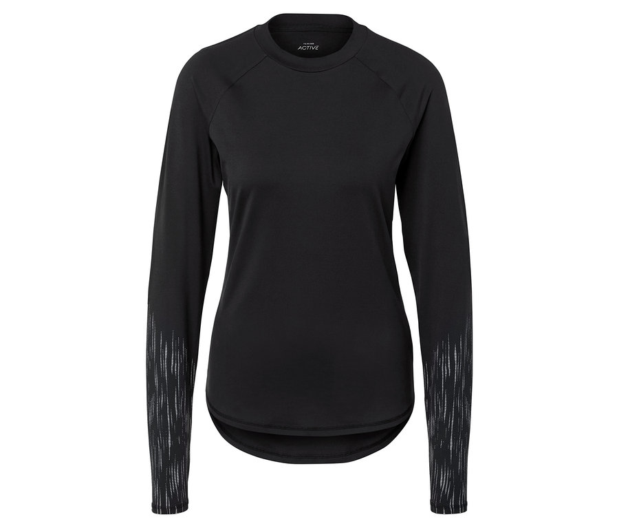 Czarna koszulka z długim rękawem i wzorem na rękawach.