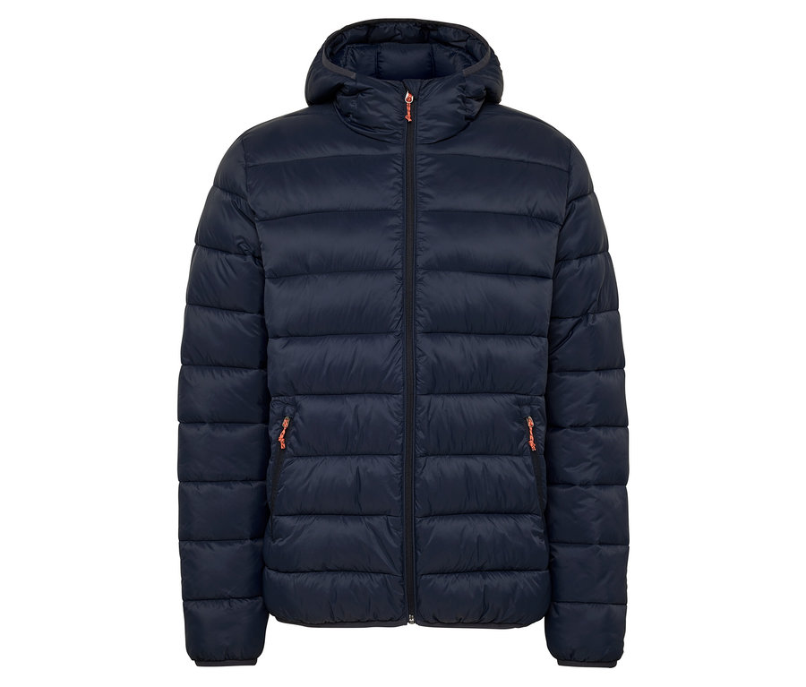 Granatowa kurtka puchowa z kapturem i pomarańczowymi detalami zamka.