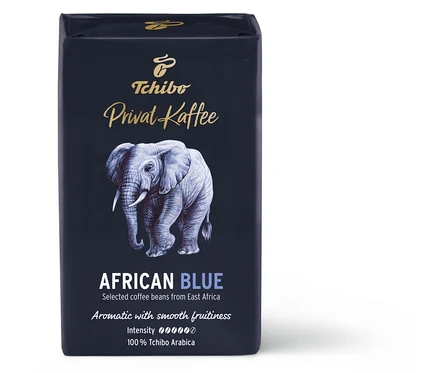 Opakowanie kawy mielonej Privat Kaffee, African Blue z obrazkiem słonia.