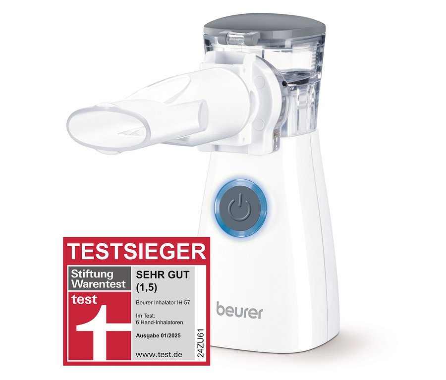Biały inhalator Beurer IH 57 z szarą pokrywką i niebieskim przyciskiem. Po lewej stronie naklejka „Testsieger”.
