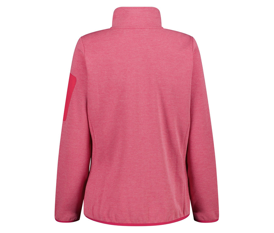 Widok z tyłu różowej bluzy polarowej z wysokim kołnierzem i zamkiem błyskawicznym.