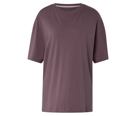 Mauve sportowy T-shirt z krótkimi rękawami, okrągłym dekoltem i luźnym krojem.