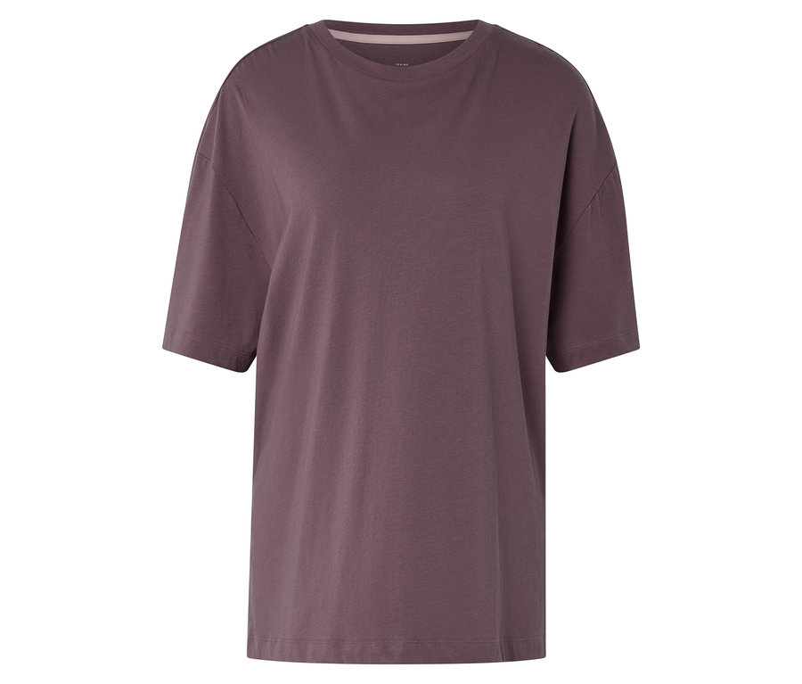 Mauve sportowy T-shirt z krótkimi rękawami, okrągłym dekoltem i luźnym krojem.