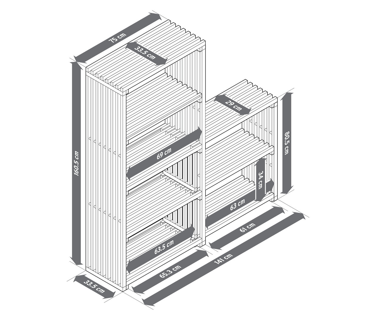 Widok z góry rozsuwanego regału "FLEKSIBEL" z wymiarami.