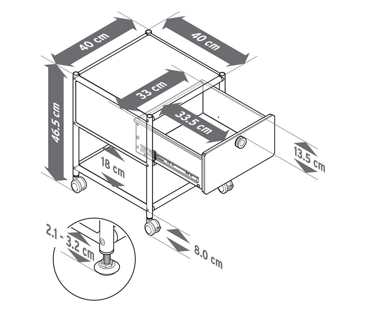 Widok z góry schematu stolika z szufladą metalową „CN3” w kolorze szarym i czarnym z wymiarami.