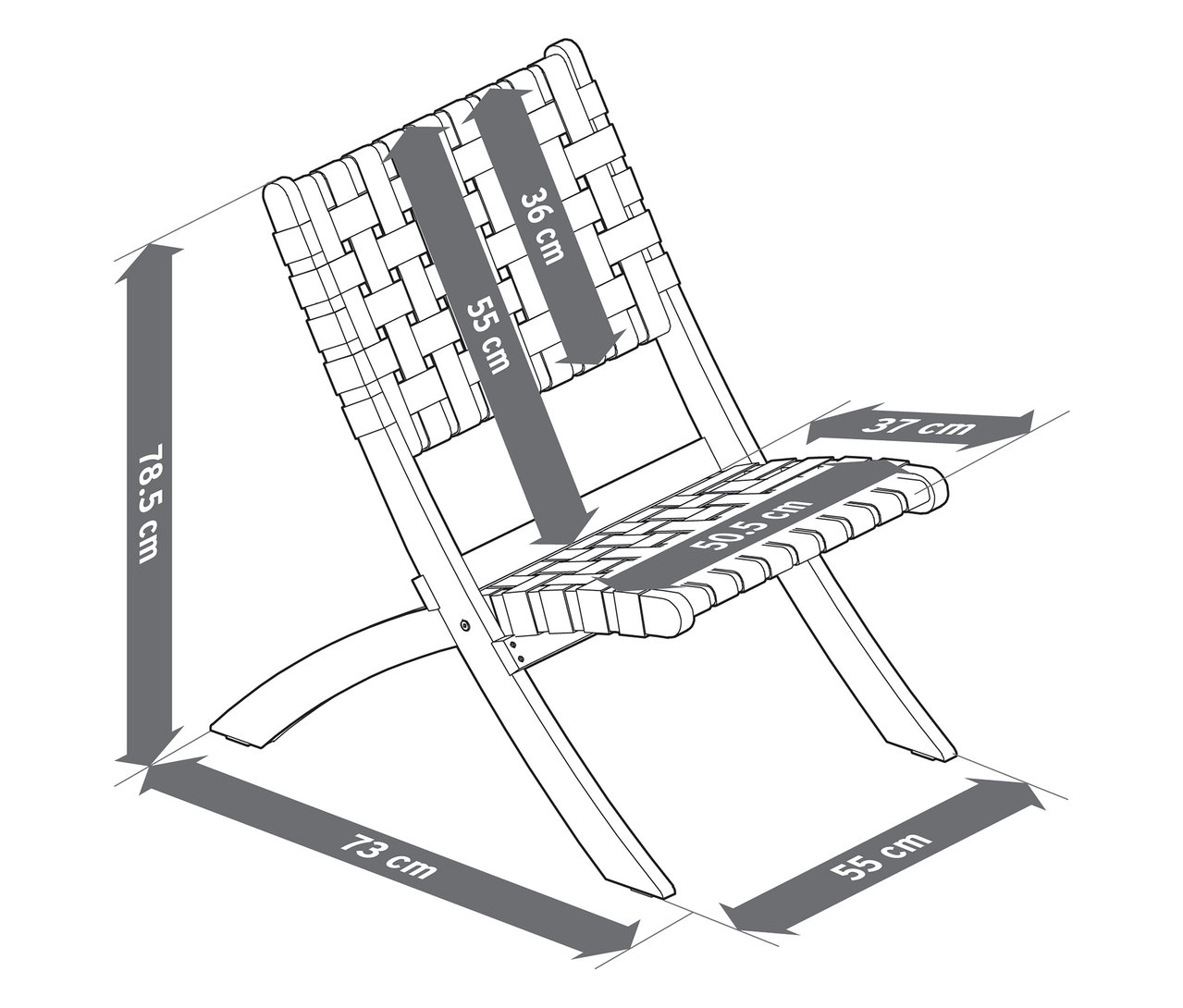 Widok z góry szkicu krzesła z wymiarami szerokości i wysokości.