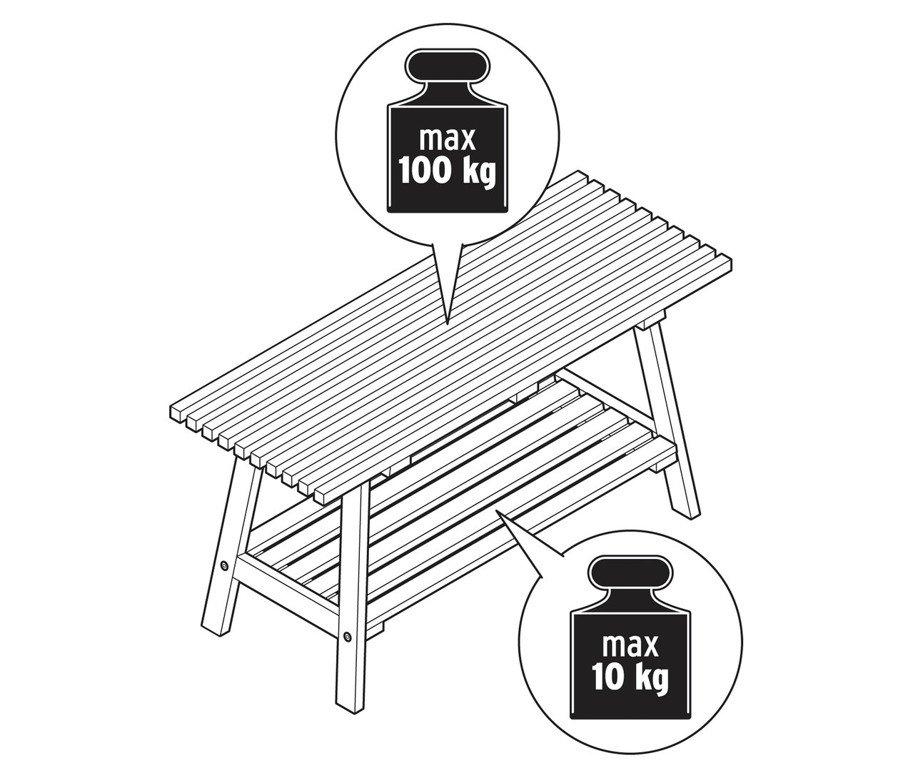 Ilustracja ławki „HOLT” z bambusa. Maksymalne obciążenie górne 100 kg, dolne 10 kg.