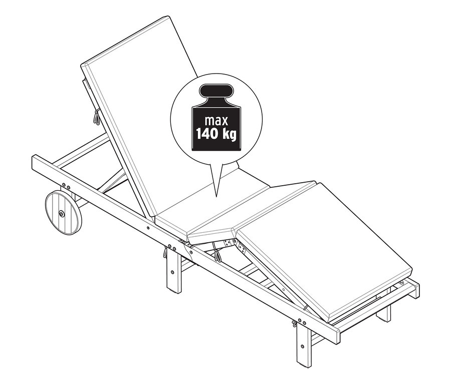 Klasyczny leżak ogrodowy ze wskazaniem maksymalnej wagi 140 kg.