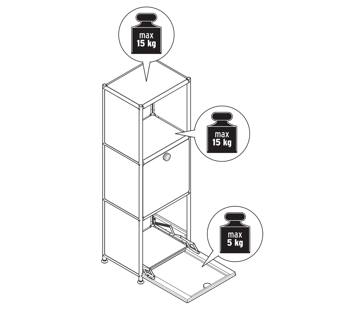 Widok z góry na komodę metalową „CN3 Slim Line” z dwiema klapami, z których jedna jest otwarta. Dopuszczalna maksymalna waga 15 kg dla górnych przegródek i 5 kg dla dolnej przegródki.