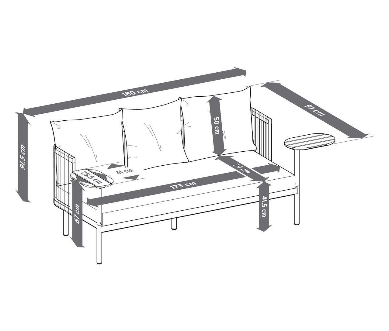 Wymiary sofy ogrodowej z 2 stolikami obrotowymi.