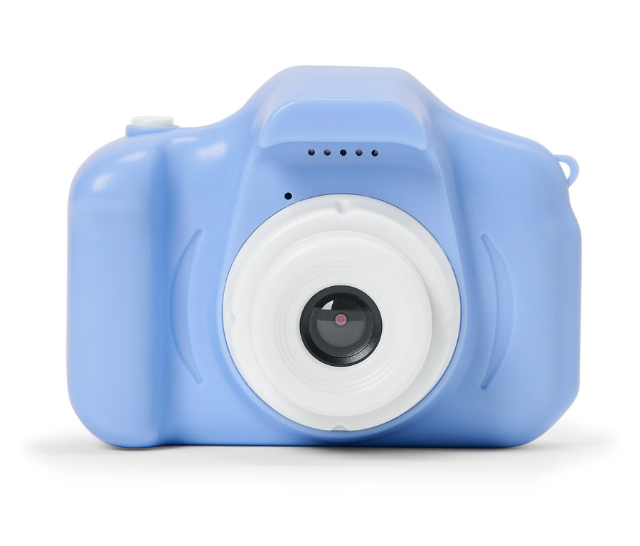 Niebieski aparat cyfrowy z białym obiektywem