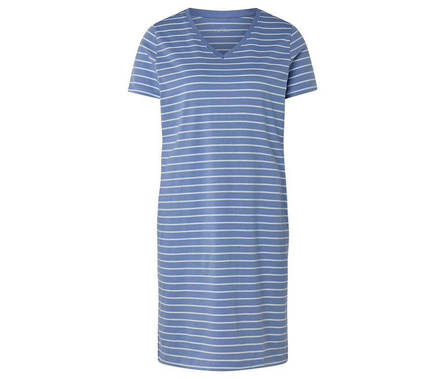 Niebieska, w paski sukienka T-shirt z dekoltem w serek.