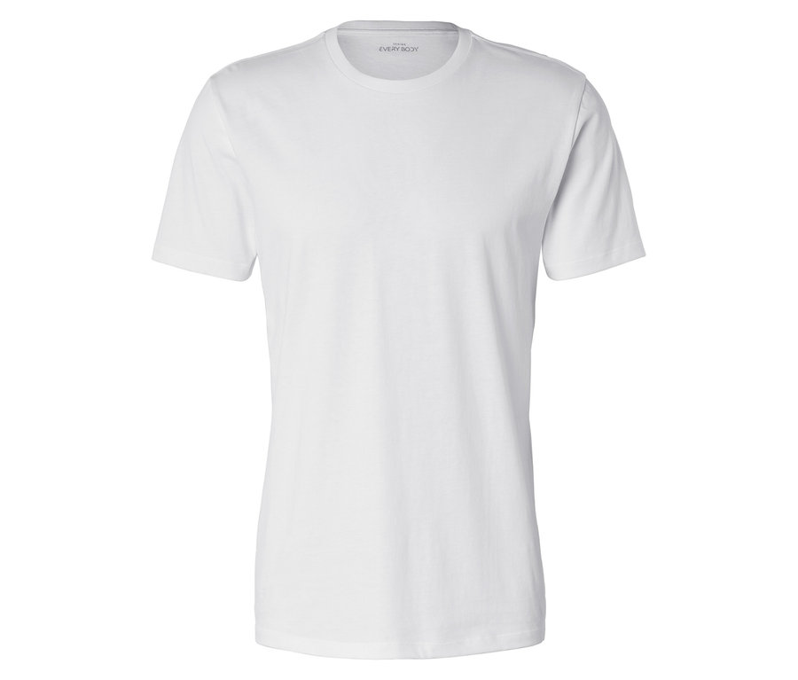 Biały T-shirt z krótkim rękawem leżący na białym tle.