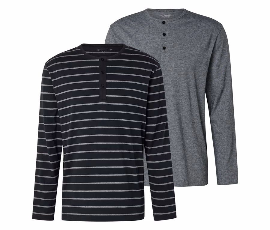Widoczne dwie męskie koszule z długim rękawem i zapięciem na guziki, jedna w paski w kolorze czarno-szarym, druga w jednolitym kolorze szarym.