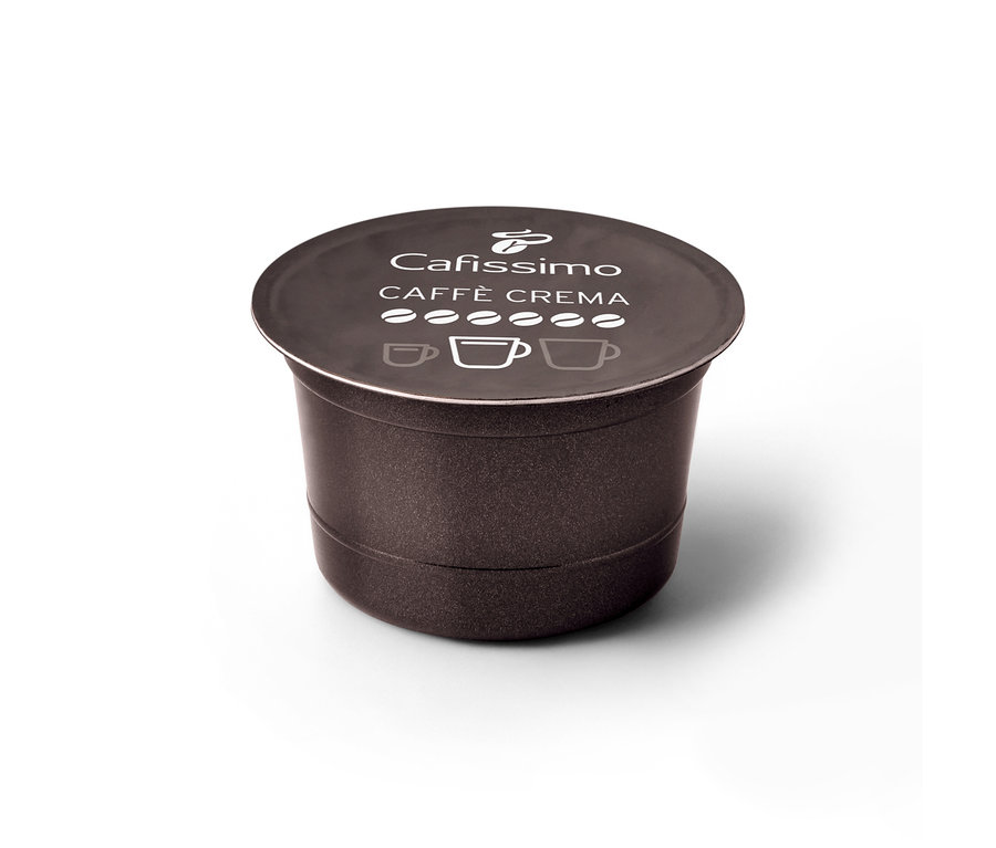 Ciemnobrązowa kapsułka Tchibo Cafissimo Caffe Crema Intense Aroma z białym napisem i wskaźnikiem mocy na wieczku.