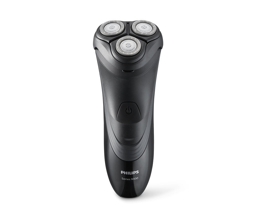 Czarna maszynka do golenia Philips S1520/04 z trzema okrągłymi ostrzami.
