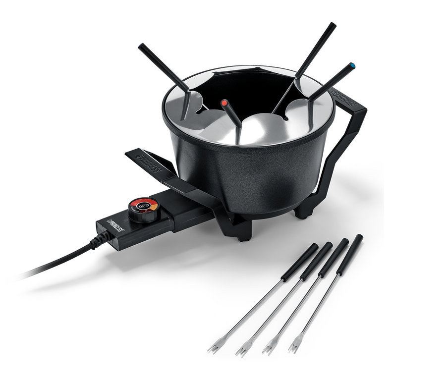 Czarny zestaw do fondue ze srebrnymi widelcami.